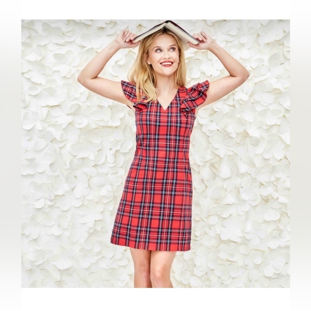 Draper James red plaid ruffle shoulder Holiday dress